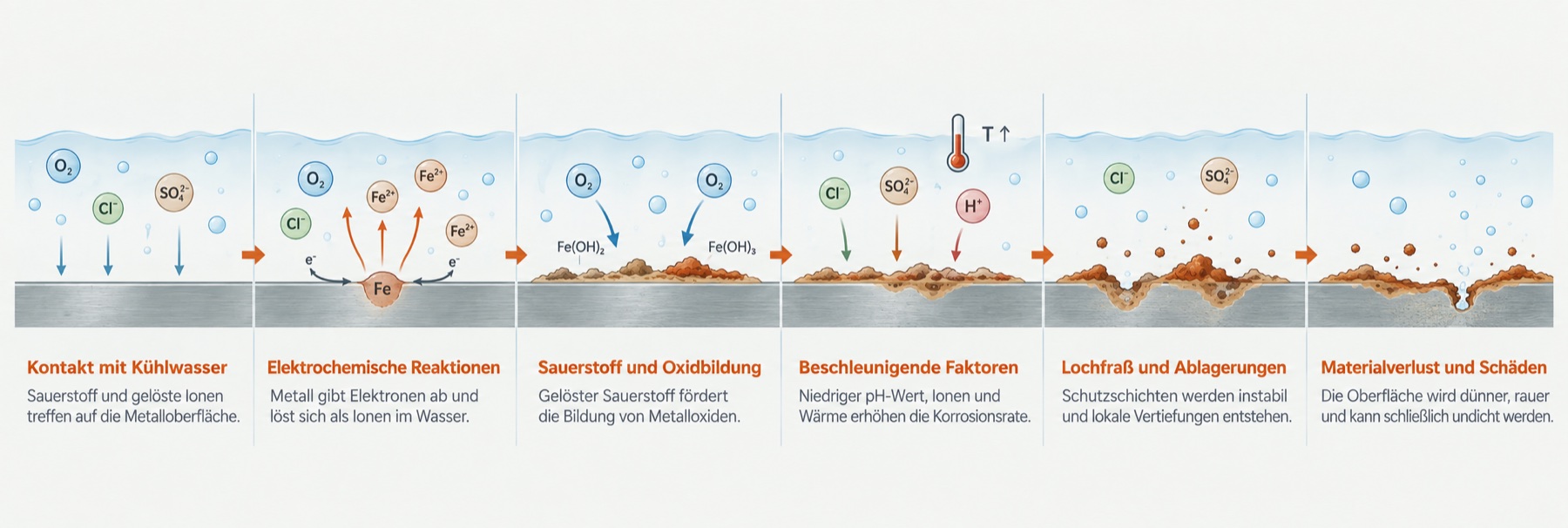 Sechs Schritte der Korrosion: Kontakt mit Kühlwasser, elektrochemische Reaktion, Oxidbildung, beschleunigende Faktoren, Lochfraß und Materialverlust