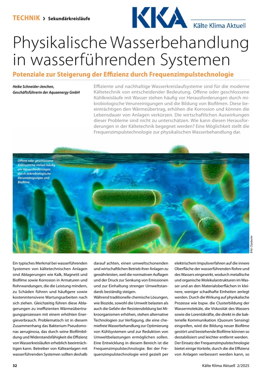 Fachbeitrag in Kälte Klima Aktuell über chemiefreie Wasserbehandlung